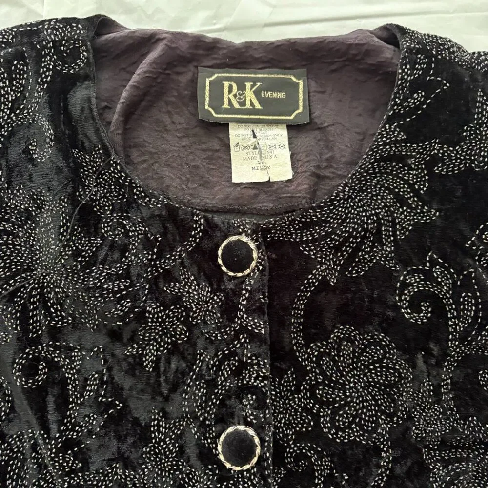 R & K Evening Vintage Jacket Black with Multi-Colored Beading Size 16 EUC